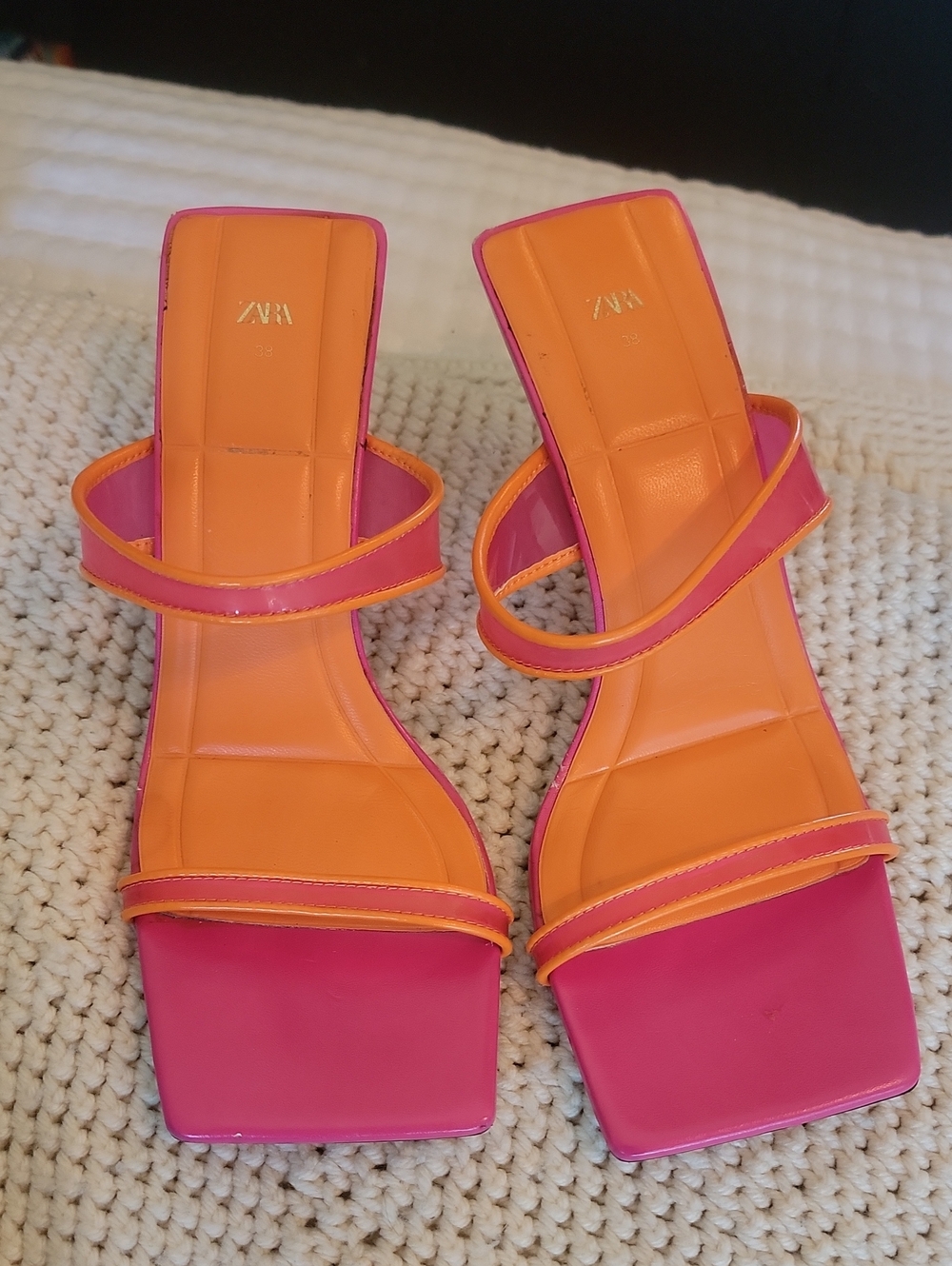 ZARA Pink and Orange Strappy Square-Toe Heels